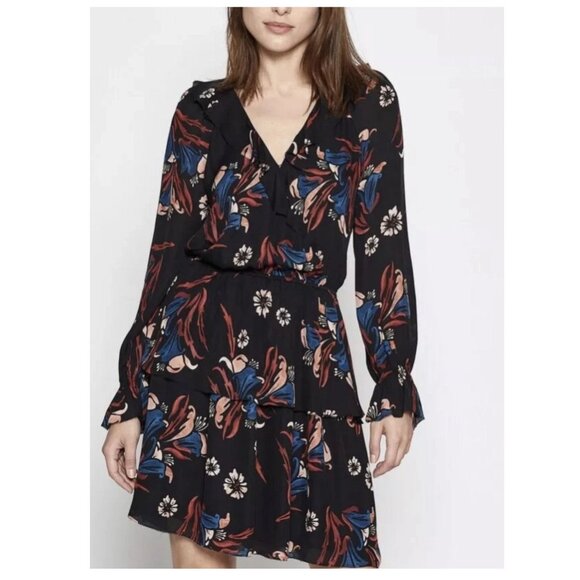 Joie Nour Floral Tiered Ruffle Silk A-Line Dress Black & Multi Womens Size Small - Picture 1 of 5